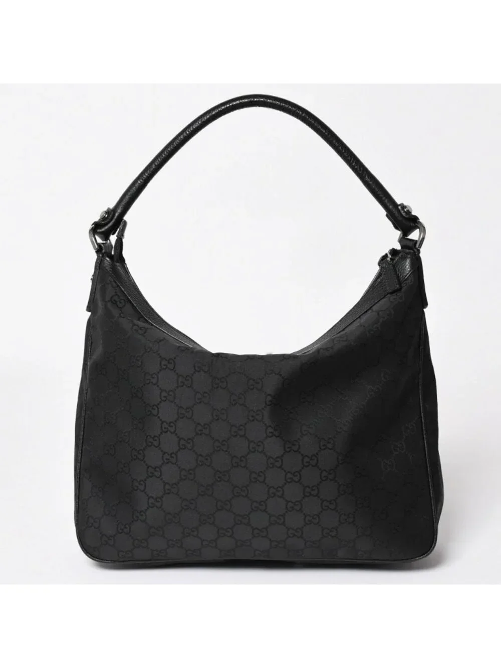 Gucci Hobo Handbag GG Canvas Leather Black Silver